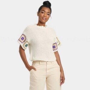 UNIVERSAL THREAD white knit square crochet oversized woman bohemian tunic XS